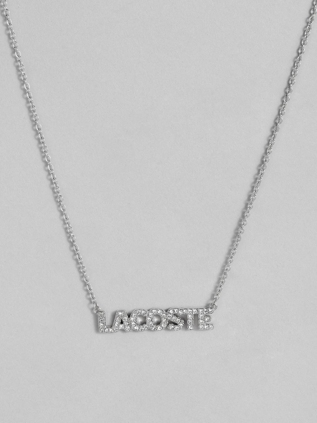 

Lacoste Women Script Stainless Steel Artificial Stones Studded Brand Logo Pendant Necklace, Silver