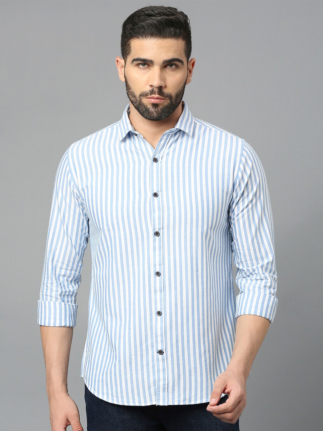 

Mast & Harbour Blue Classic Slim Fit Striped Pure Cotton Casual Shirt