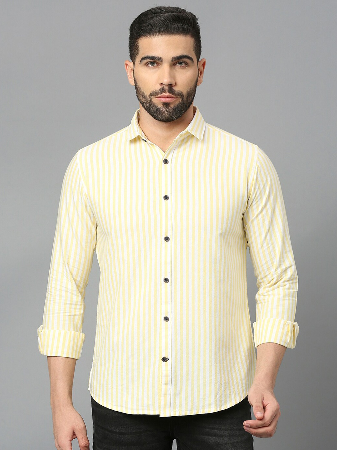 

Mast & Harbour Yellow Classic Slim Fit Striped Pure Cotton Casual Shirt
