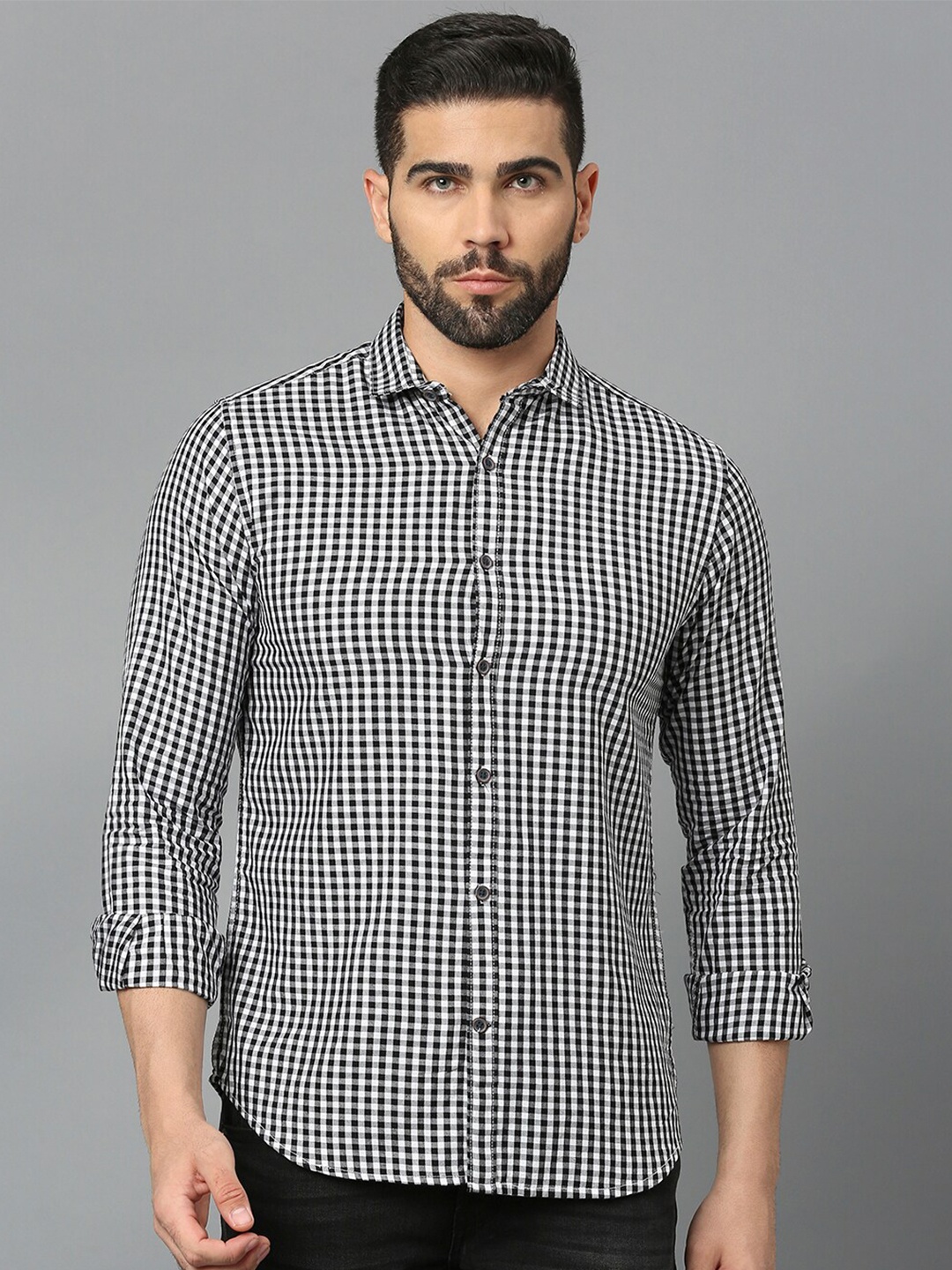 

Mast & Harbour Black Classic Slim Fit Gingham Checked Pure Cotton Casual Shirt