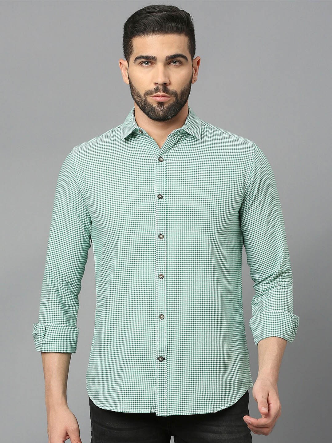 

Mast & Harbour Green Classic Slim Fit Micro Checked Pure Cotton Casual Shirt