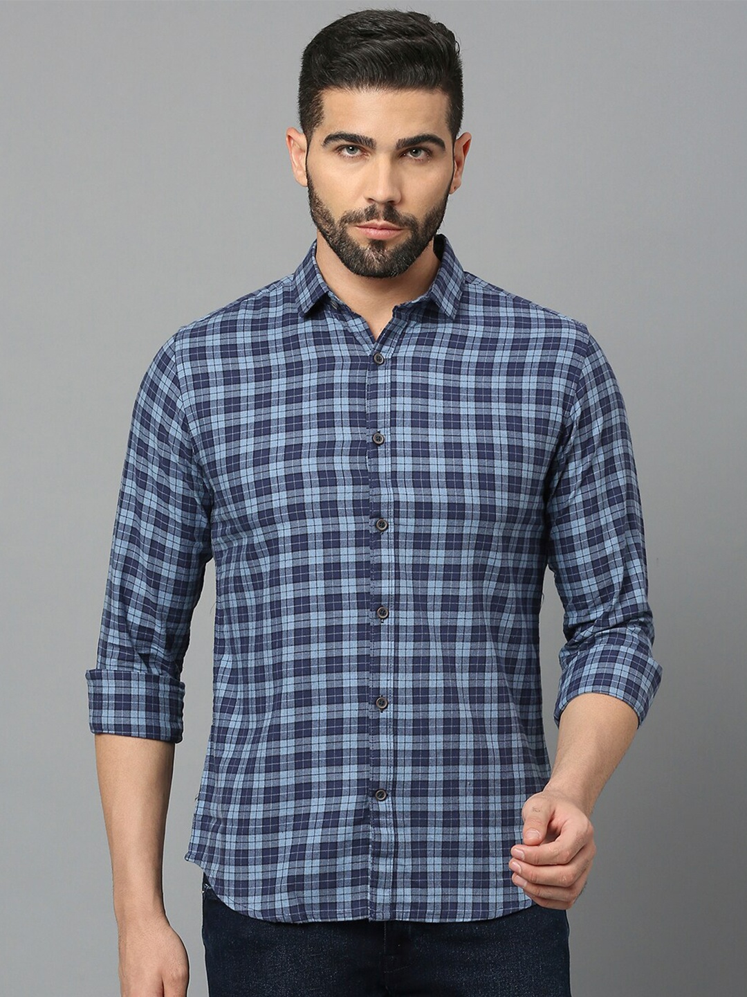 

Mast & Harbour Navy Blue Classic Slim Fit Tartan Checked Pure Cotton Casual Shirt