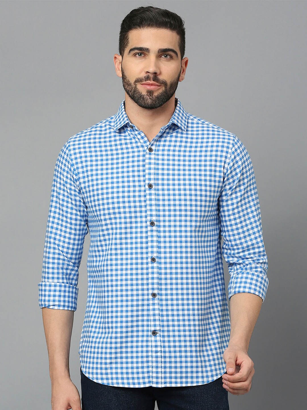 

Mast & Harbour Blue Classic Slim Fit Gingham Checked Pure Cotton Casual Shirt