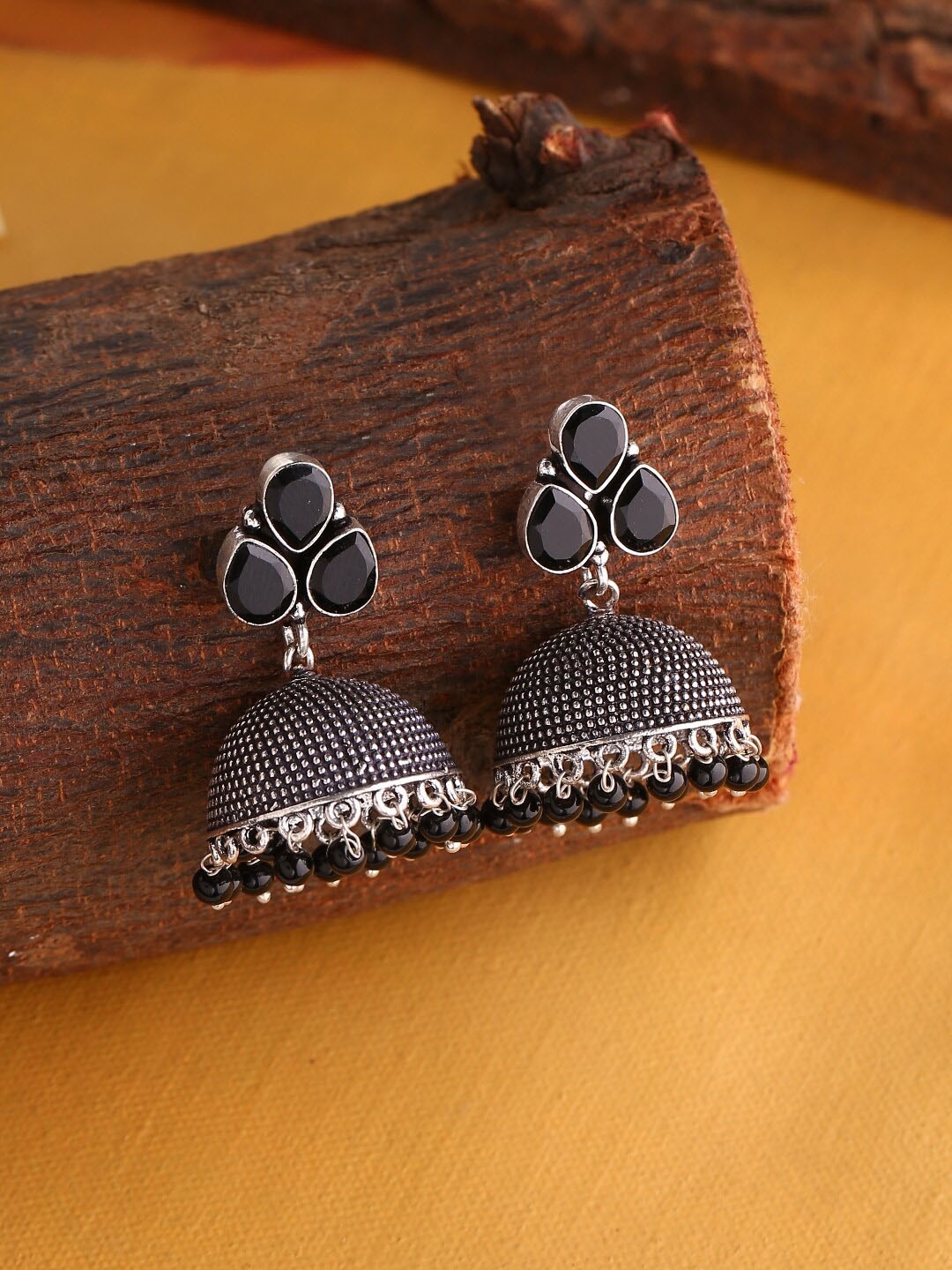 

Infuzze Stone Studded & Beaded Oxidised Dome Shaped Jhumkas, Silver