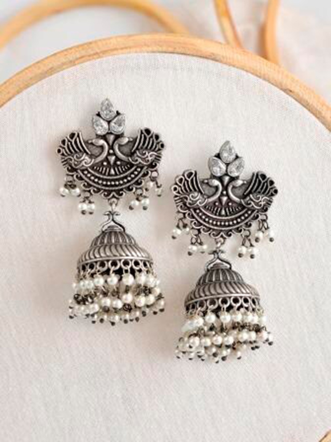 

Infuzze Stone Studded & Beaded Dome Shaped Jhumkas, Silver