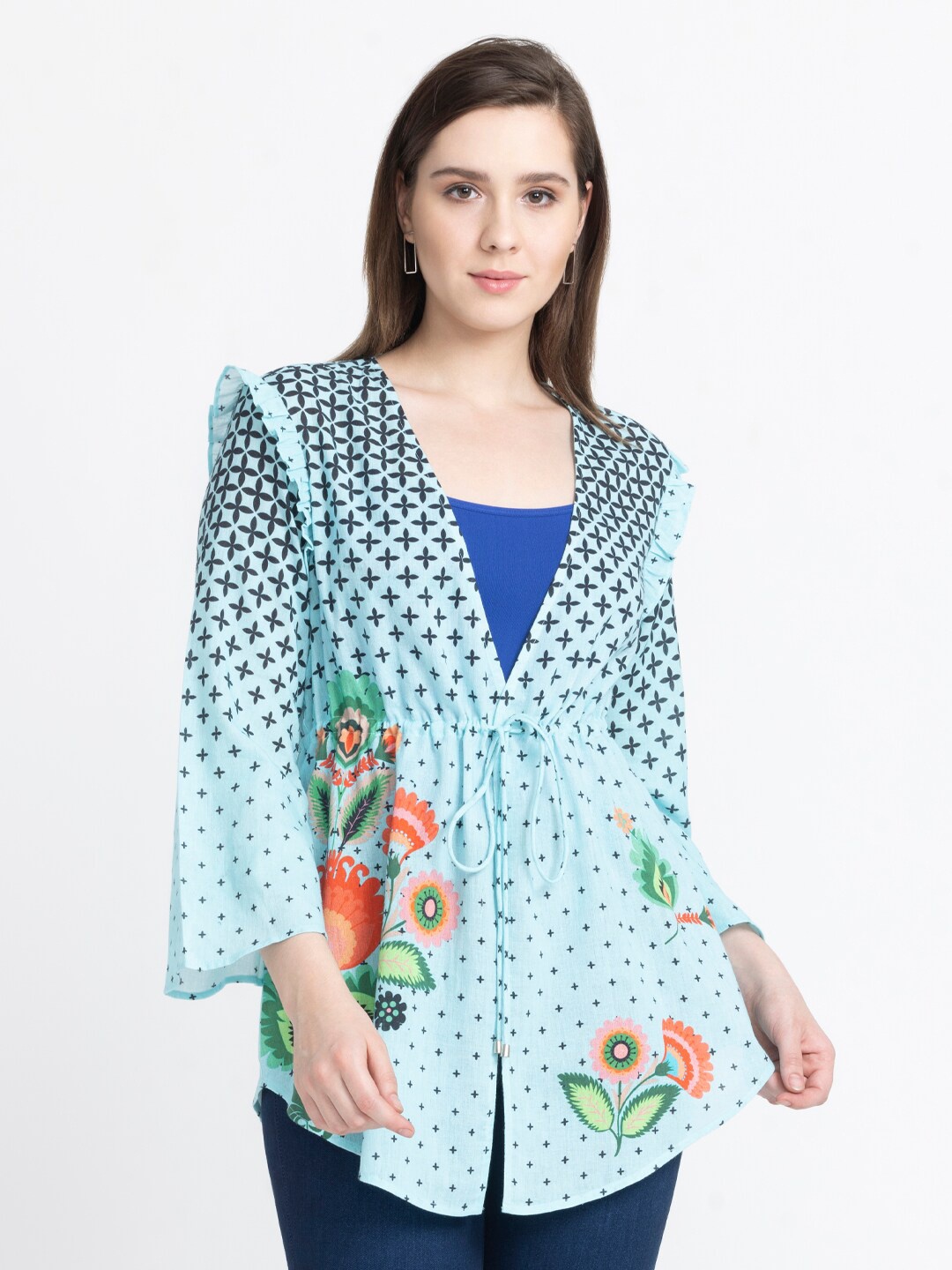 

SHAYE Floral Printed V-Neck Flared Sleeves Cotton Regular Top, Blue