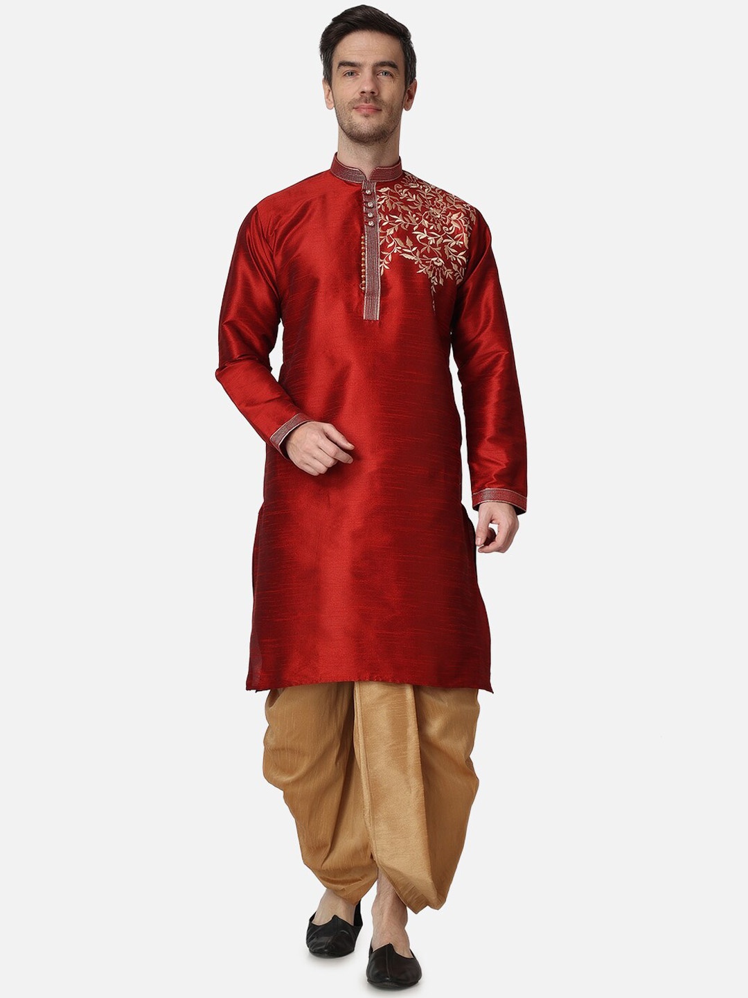 

ROYAL KURTA Floral Embroidered Mandarin Collar Thread Work Kurta with Dhoti Pants, Maroon