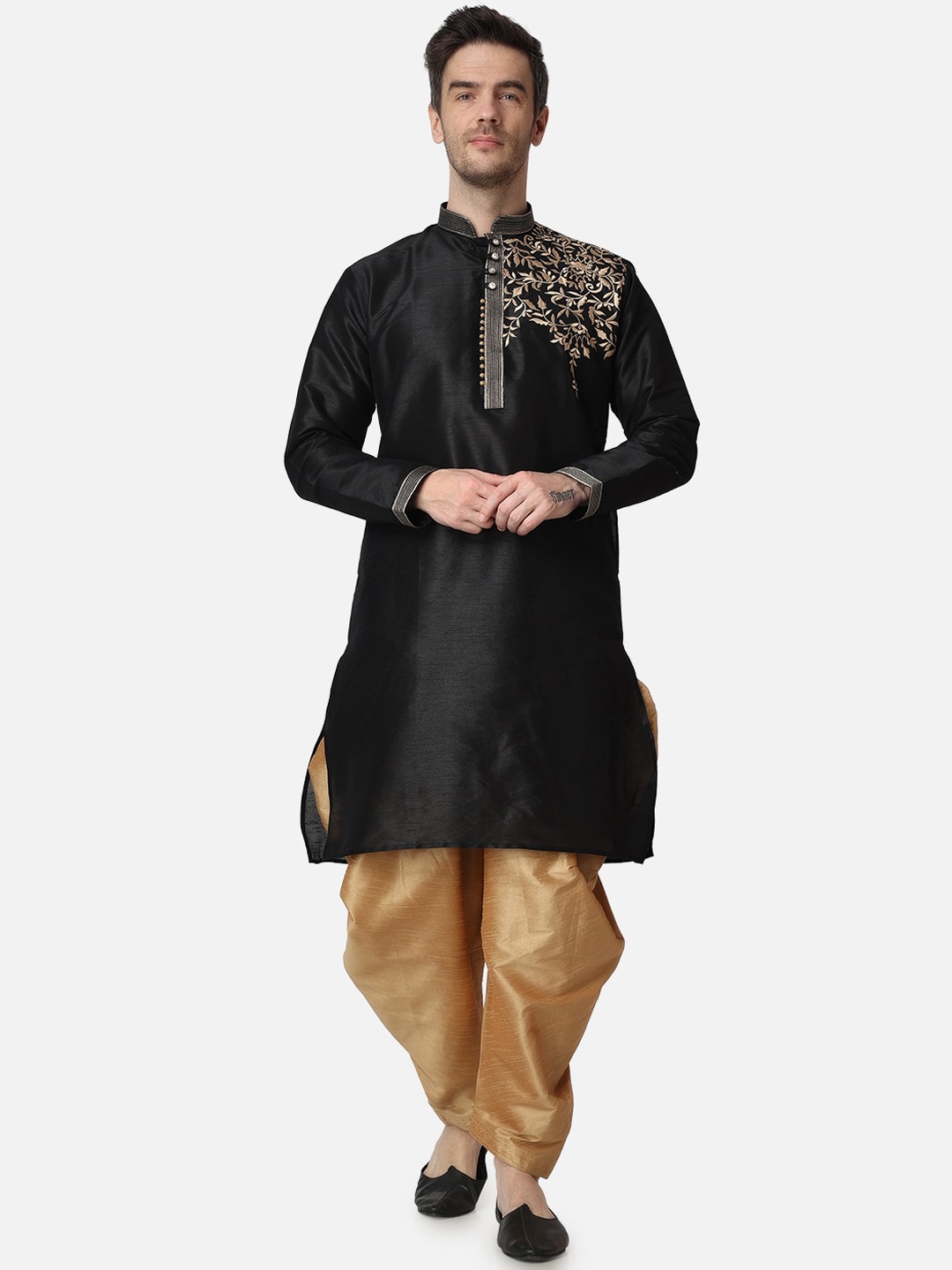 

ROYAL KURTA Floral Embroidered Mandarin Collar Dupion Silk Kurta with Dhoti Pants, Black