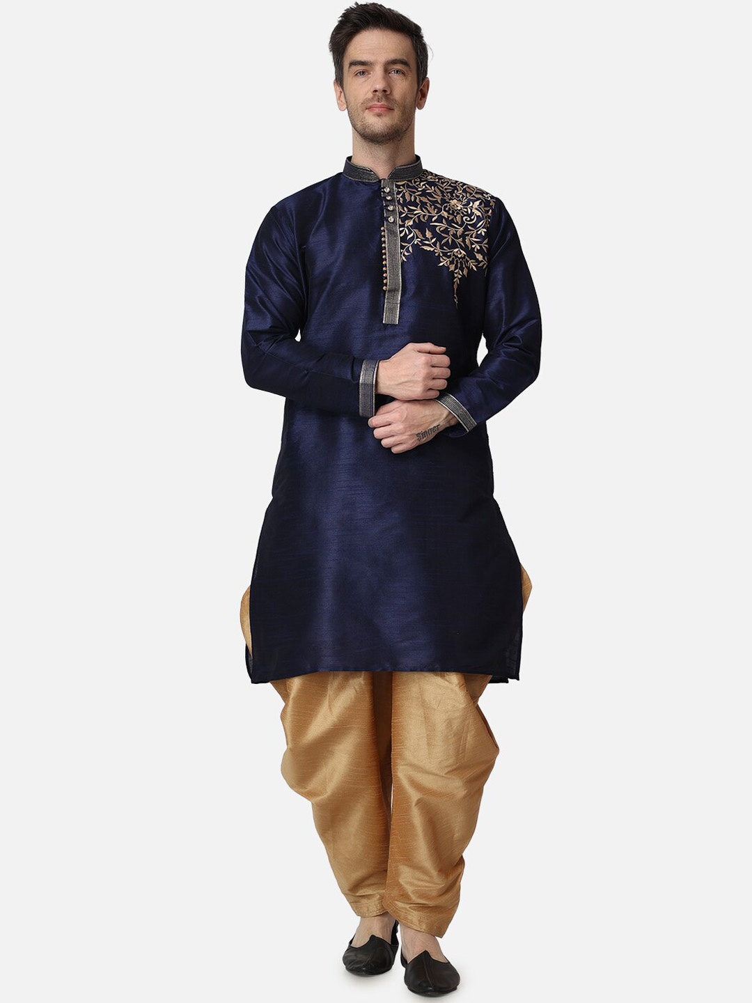 

ROYAL KURTA Mandarin Collar Thread Work Detailed Dupion Silk Straight Kurta with Patiala, Navy blue