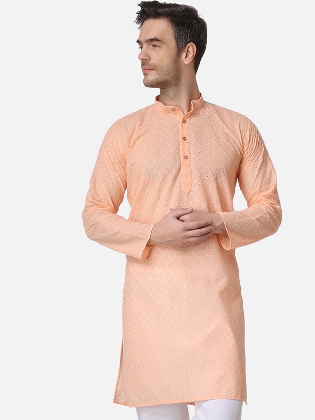 

ROYAL KURTA Band Collar Ethnic Motif Embroidered Thread Work Cotton Kurta, Peach