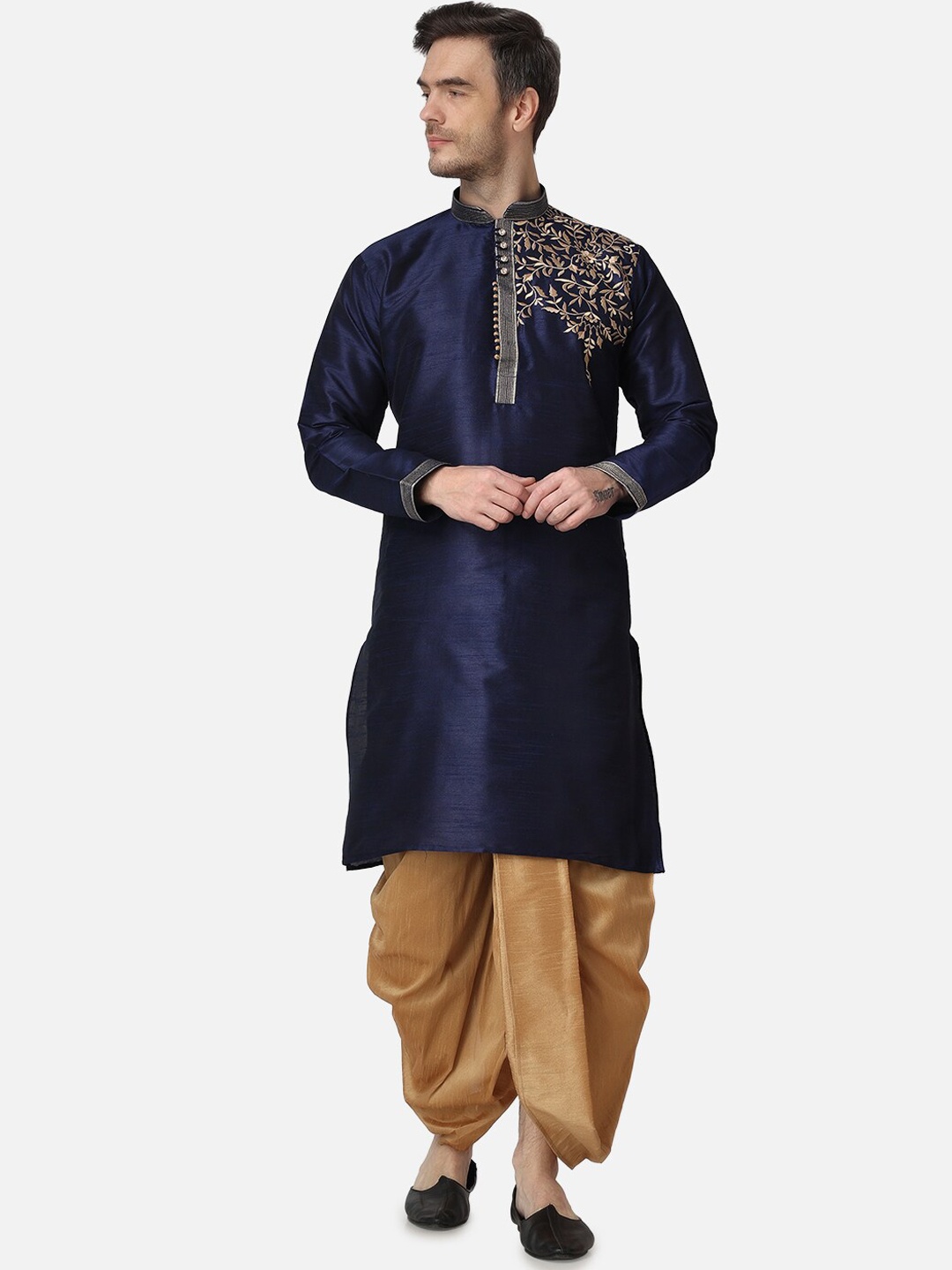 

ROYAL KURTA Floral Embroidered Mandarin Collar Dupion Silk Kurta with Dhoti Pants, Navy blue