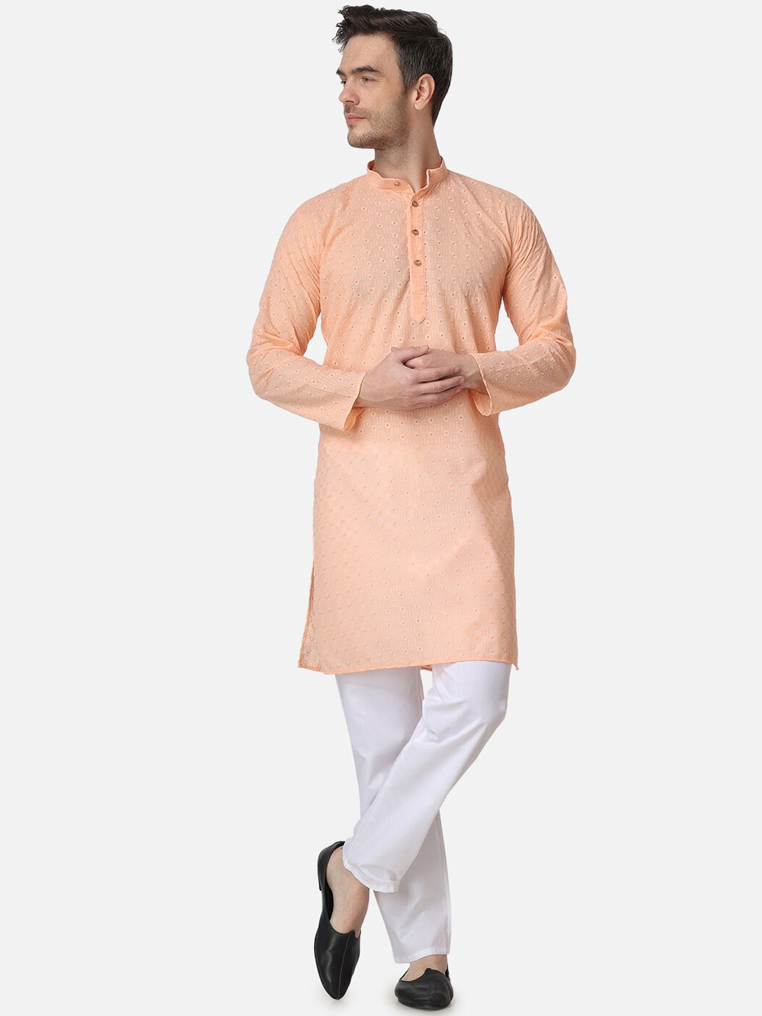 

ROYAL KURTA Ethnic Motifs Embroidered Thread Work Pure Cotton Straight Kurta with Pyjamas, Peach