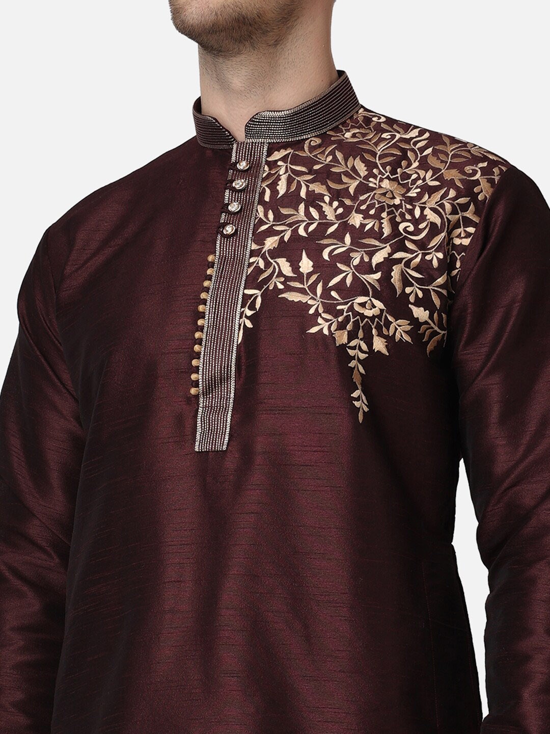 

ROYAL KURTA Floral Embroidered Mnadarin Collar Dupion Silk Kurta with Dhoti Pants, Brown