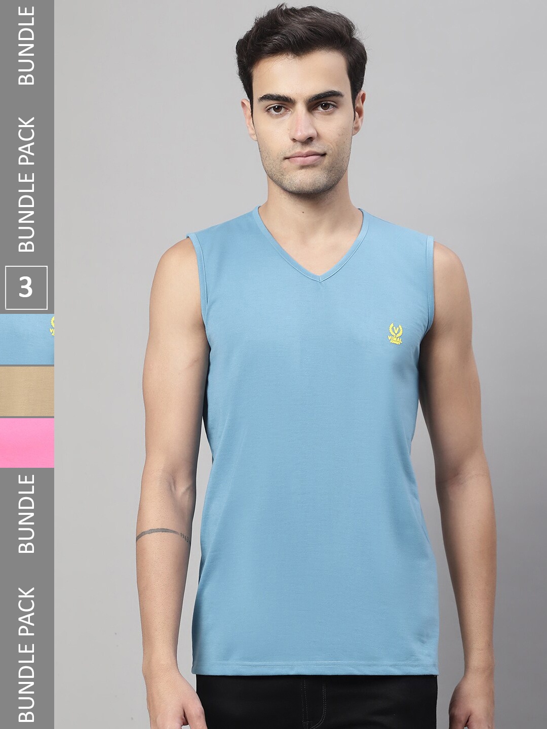 

VIMAL JONNEY Pack Of 3 V-Neck Cotton Gym Vest, Blue