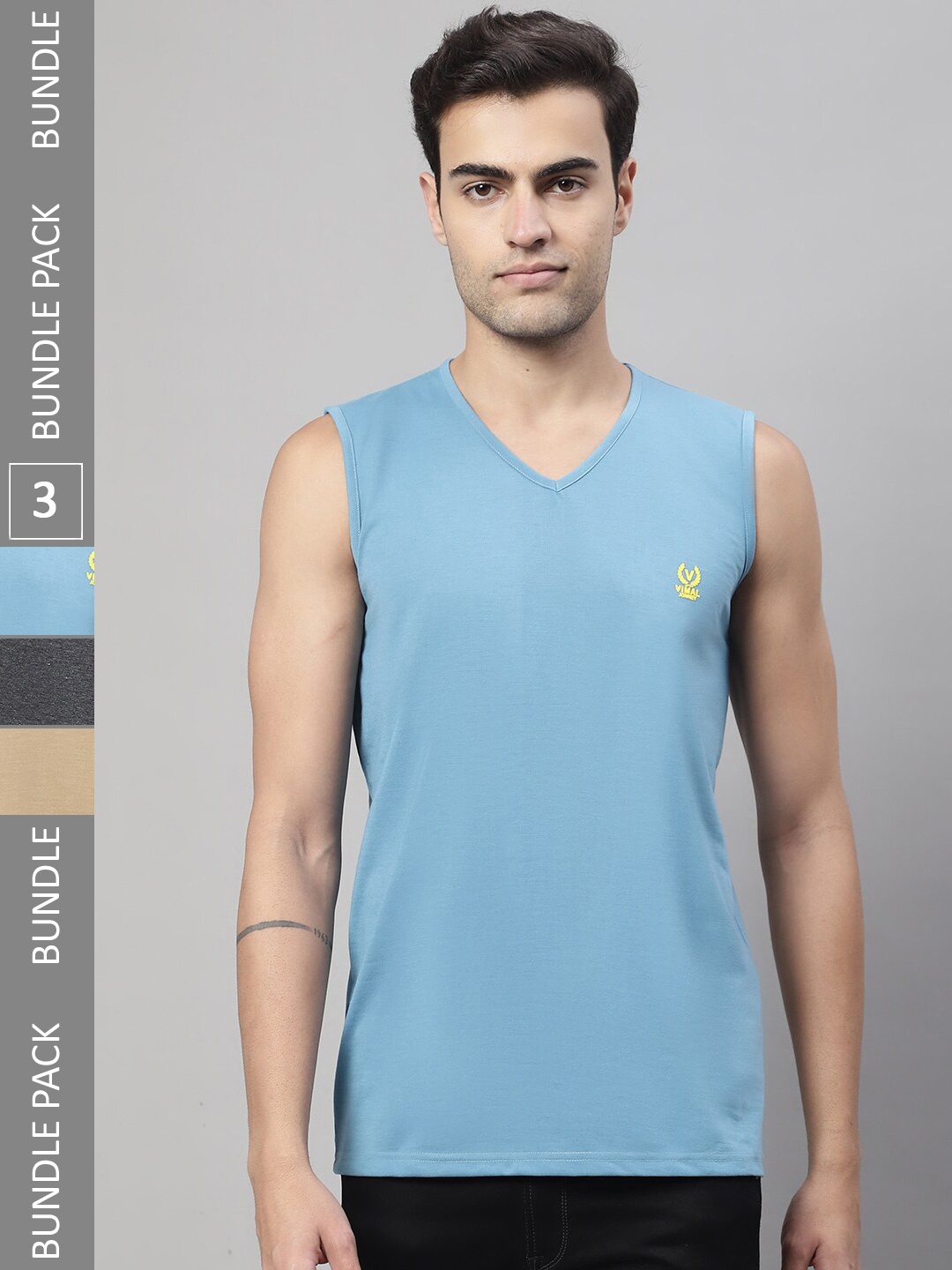 

VIMAL JONNEY Pack Of 3 V-Neck Cotton Gym Vest, Blue