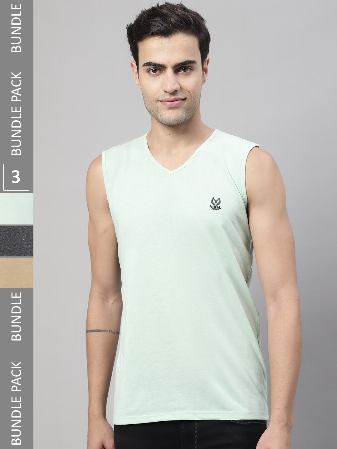 

VIMAL JONNEY Pack Of 3 V-Neck Cotton Gym Vest, Green