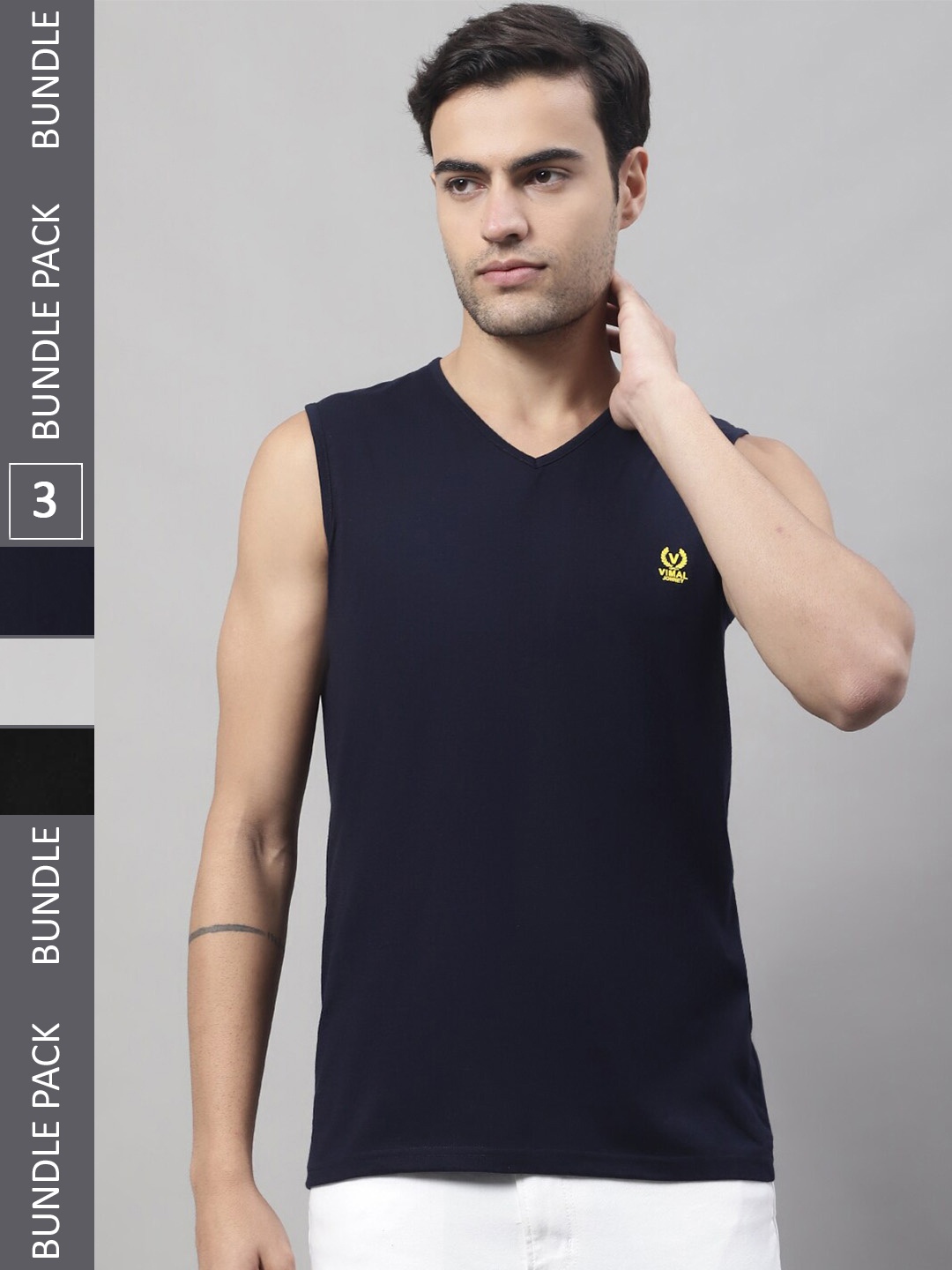 

VIMAL JONNEY Pack Of 3 V-Neck Sleeveless Cotton T-Shirt, Navy blue