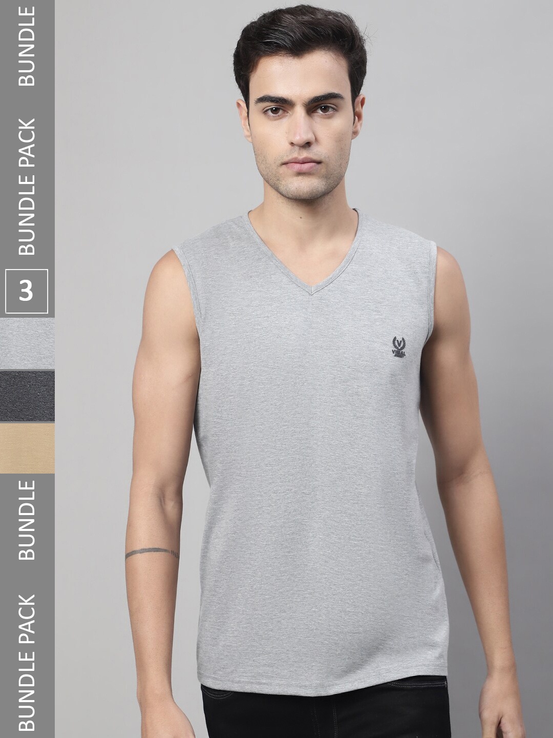 

MACK JONNEY Pack Of 3 V-Neck Sleeveless Cotton T-Shirt, Grey
