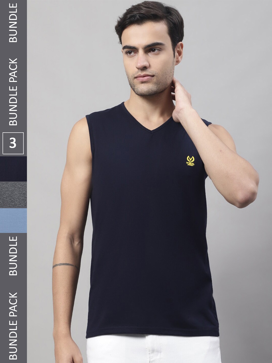 

VIMAL JONNEY Pack Of 3 V-Neck Sleeveless Cotton T-Shirt, Navy blue