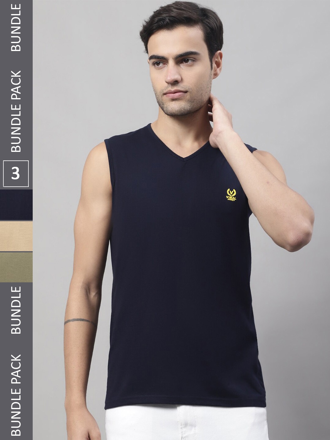 

VIMAL JONNEY Pack Of 3 V-Neck Sleeveless Cotton T-Shirt, Navy blue