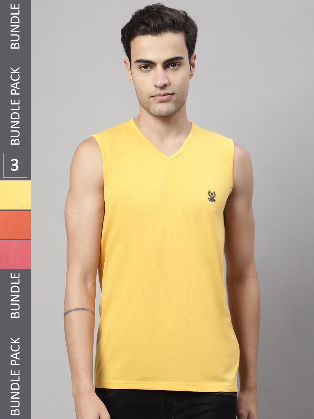 

MACK JONNEY Pack Of 3 V-Neck Sleeveless Cotton T-Shirt, Yellow