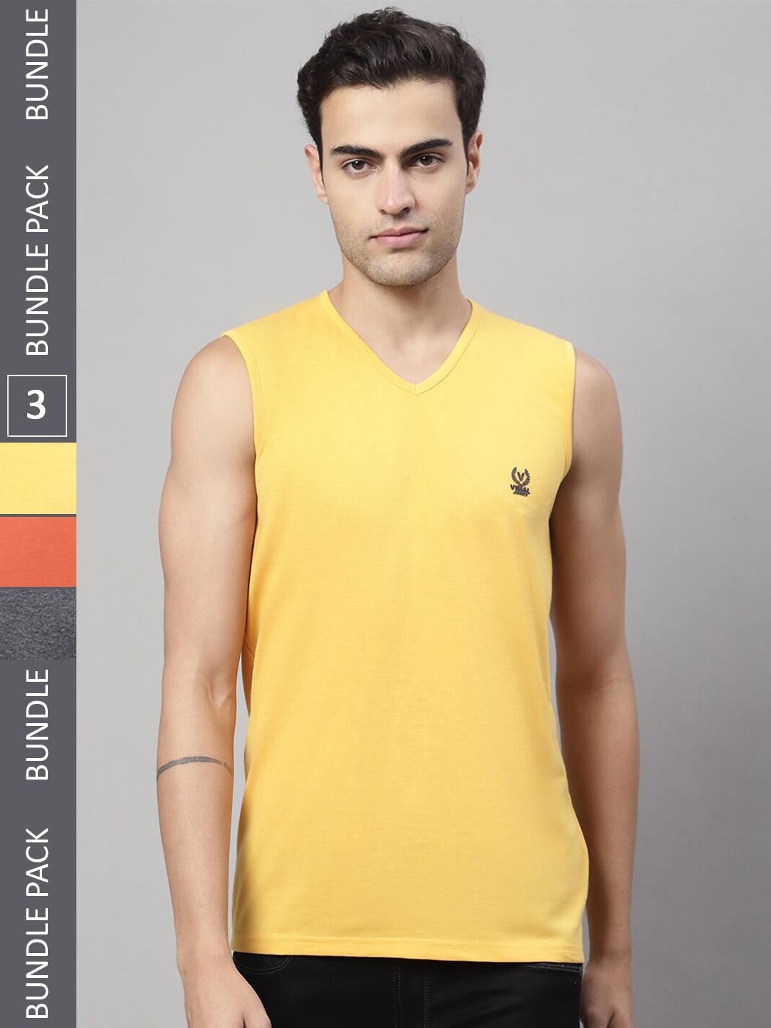 

MACK JONNEY Pack Of 3 V-Neck Sleeveless Cotton T-Shirt, Yellow