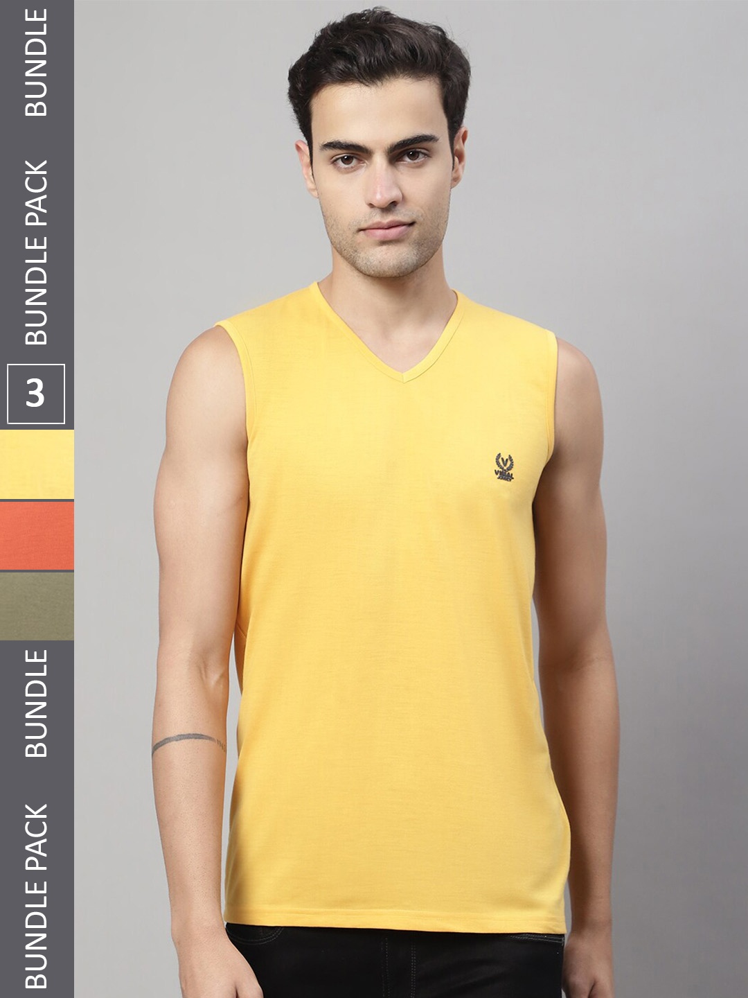 

MACK JONNEY Pack Of 3 V-Neck Sleeveless Cotton T-Shirt, Yellow