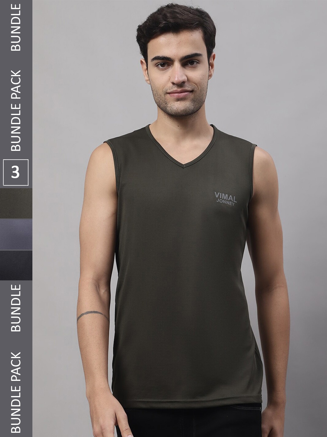 

MACK JONNEY JONNEY Pack Of 3 V-Neck Sleeveless Cotton T-Shirt, Olive