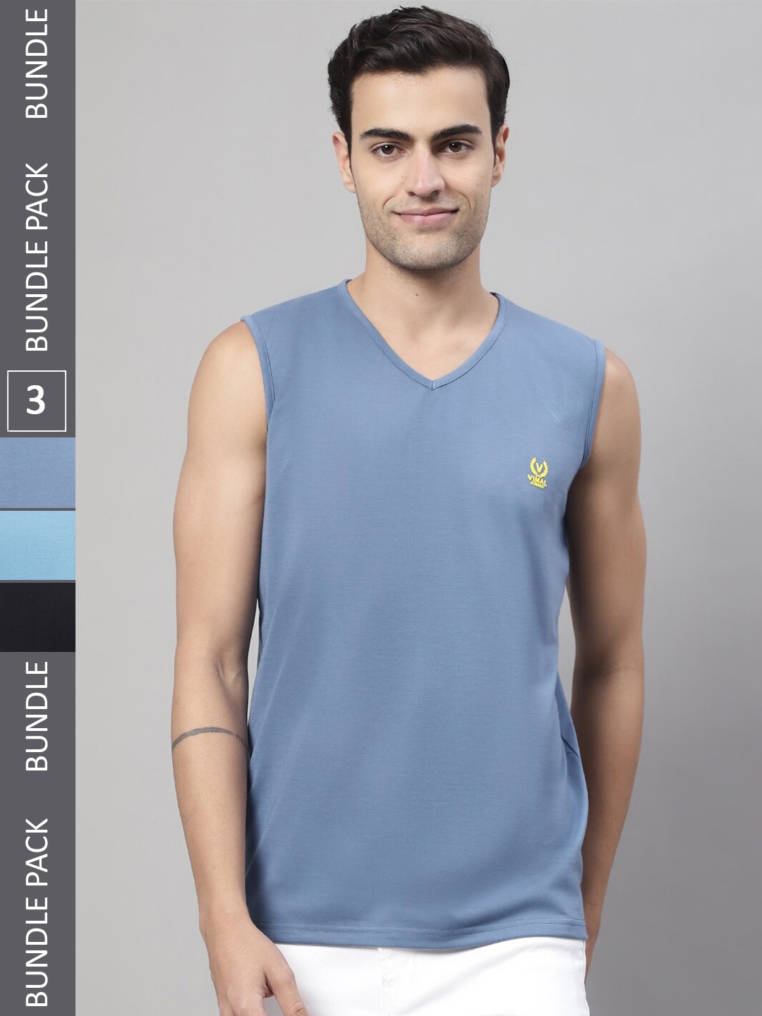 

MACK JONNEY Pack Of 3 V-Neck Sleeveless Cotton T-Shirt, Blue