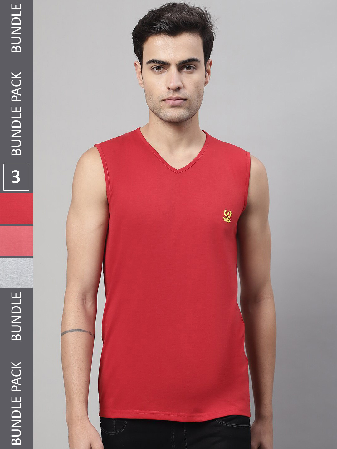 

MACK JONNEY Pack Of 3 V-Neck Sleeveless Cotton T-Shirt, Red