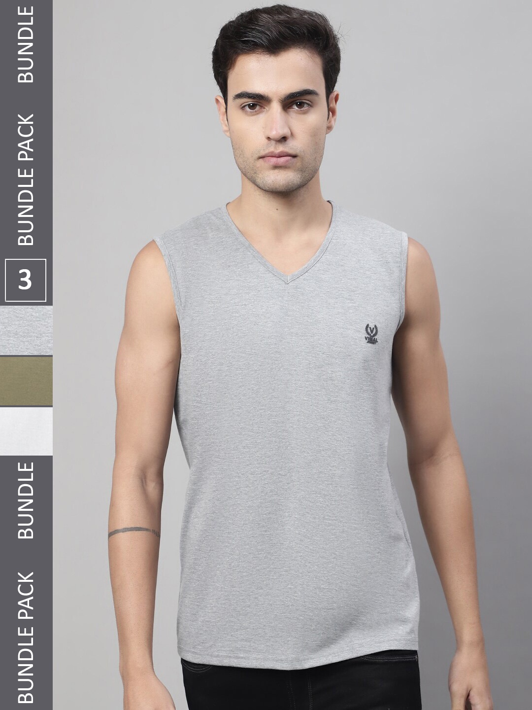

MACK JONNEY Pack Of 3 V-Neck Sleeveless Cotton T-Shirt, Grey
