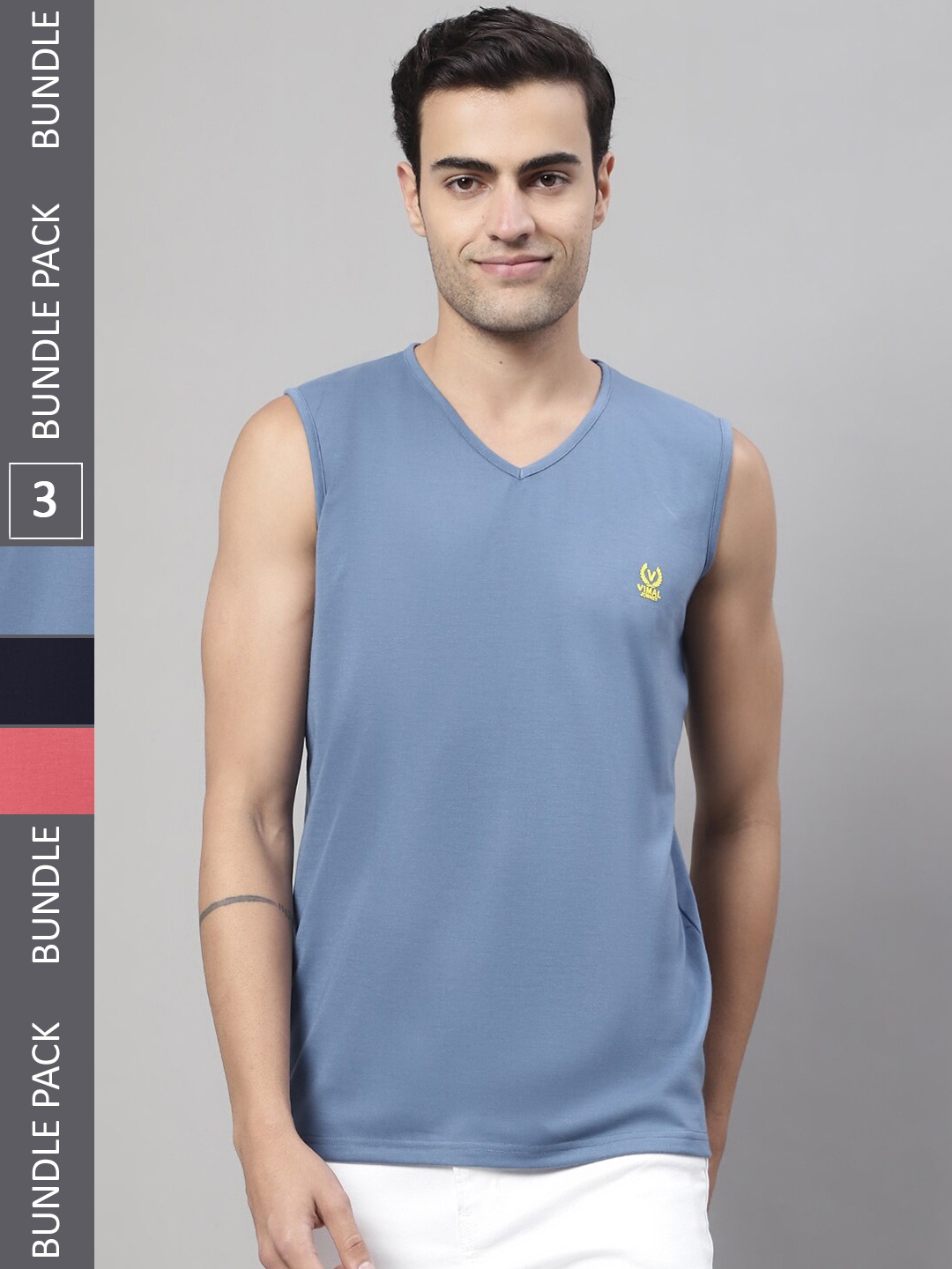 

VIMAL JONNEY Blue Pack of 3 V-Neck Cotton Sports Gym Vests