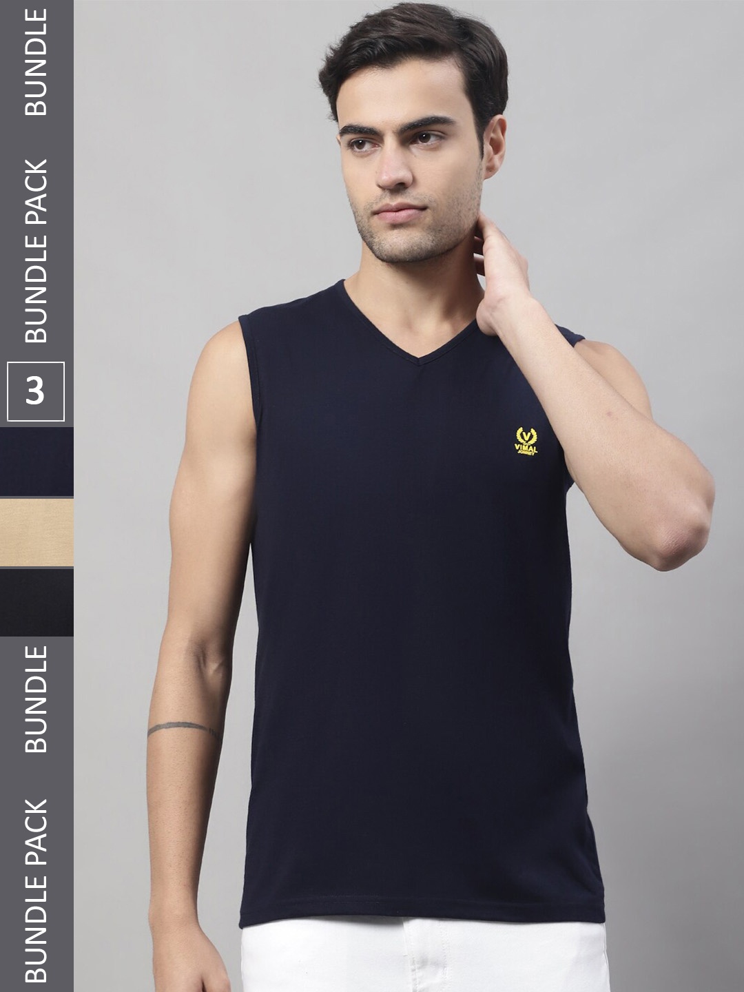 

MACK JONNEY Pack Of 3 V-Neck Sleeveless Cotton T-Shirt, Navy blue
