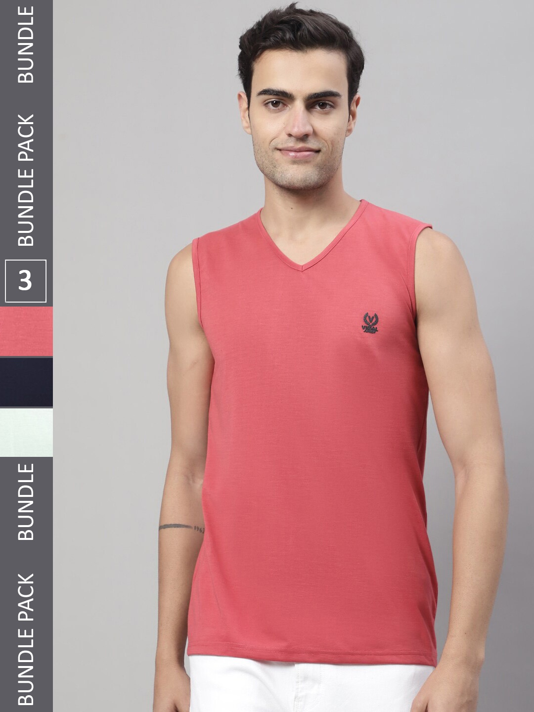 

VIMAL JONNEY Pack Of 3 V-Neck Sleeveless Cotton T-Shirt, Peach