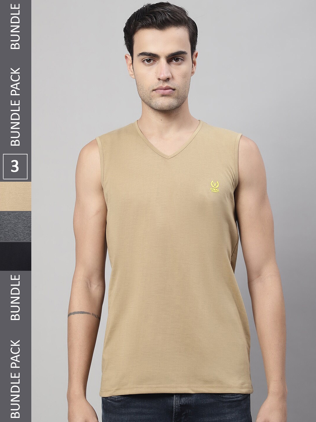 

VIMAL JONNEY Pack of 3 V-Neck Sleeveless Cotton T-Shirts, Beige
