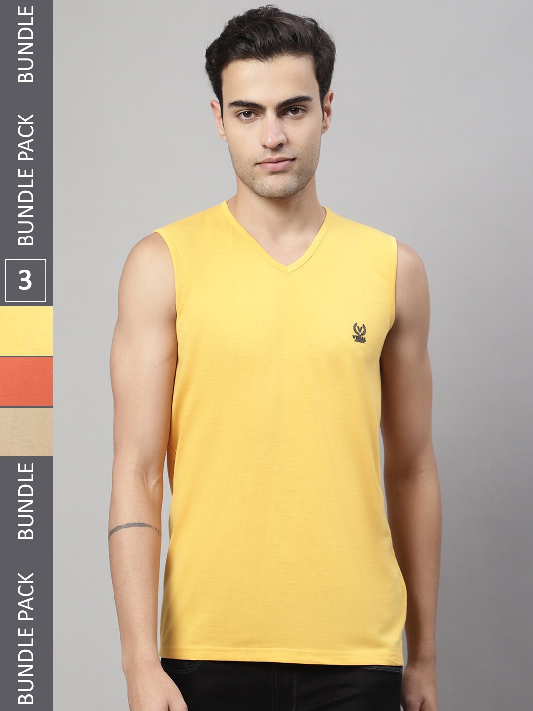 

MACK JONNEY Pack of 3 V-Neck Sleeveless Cotton T-Shirts, Yellow