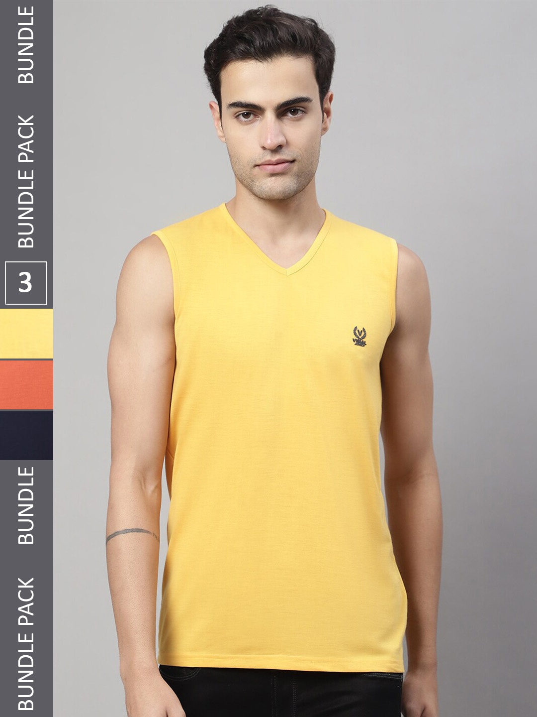 

VIMAL JONNEY Pack of 3 V-Neck Sleeveless Cotton T-Shirts, Yellow