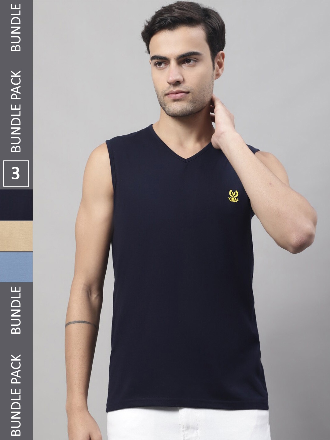 

MACK JONNEY Pack of 3 V-Neck Sleeveless Cotton T-Shirts, Navy blue