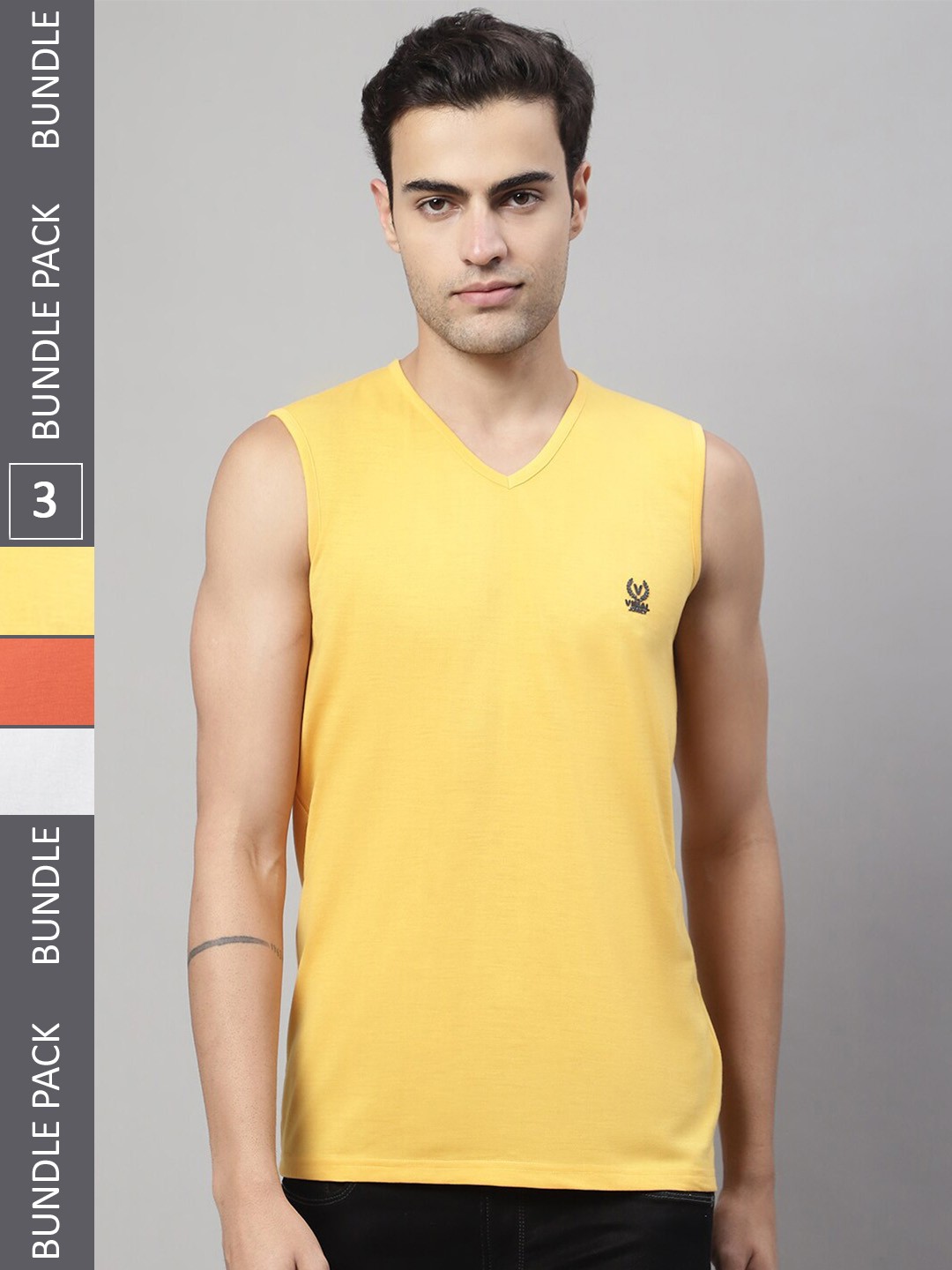 

MACK JONNEY Pack of 3 V-Neck Sleeveless Cotton T-Shirts, Yellow