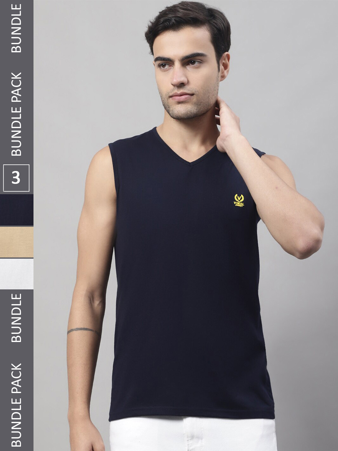 

MACK JONNEY Pack of 3 V-Neck Sleeveless Cotton T-Shirts, Navy blue