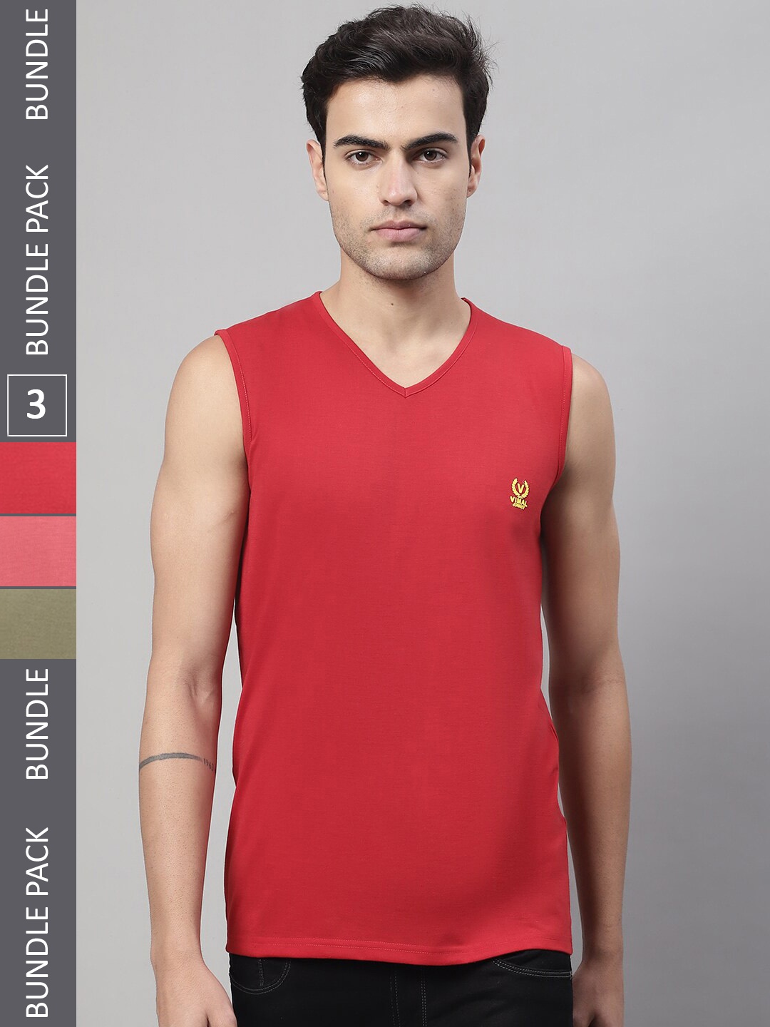 

MACK JONNEY Pack of 3 V-Neck Sleeveless Cotton T-Shirts, Red