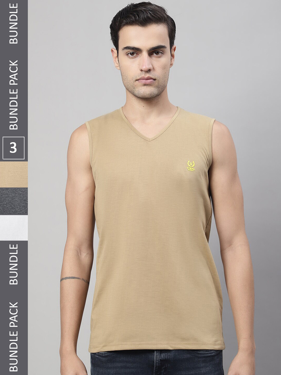 

VIMAL JONNEY Pack of 3 V-Neck Sleeveless Cotton T-Shirts, Beige
