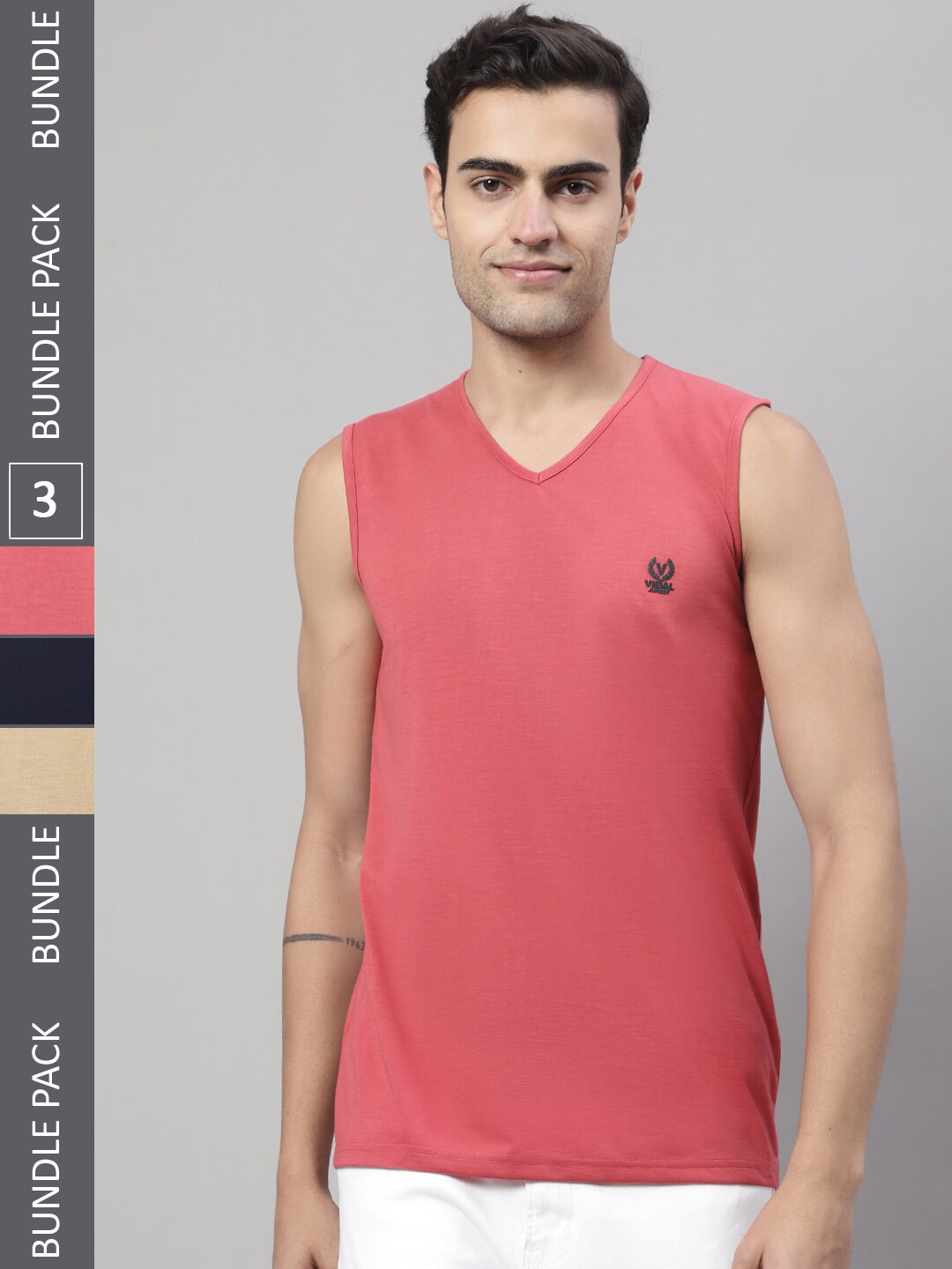

MACK JONNEY Pack of 3 V-Neck Sleeveless Cotton T-Shirts, Pink