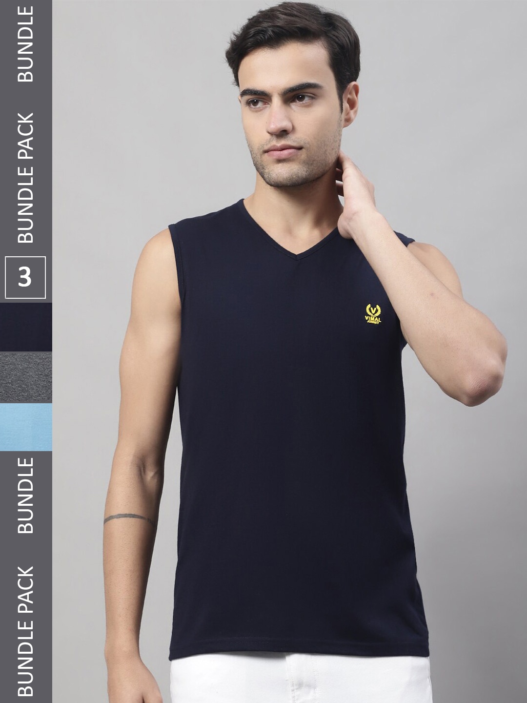 

MACK JONNEY Pack of 3 V-Neck Sleeveless Cotton T-Shirts, Navy blue