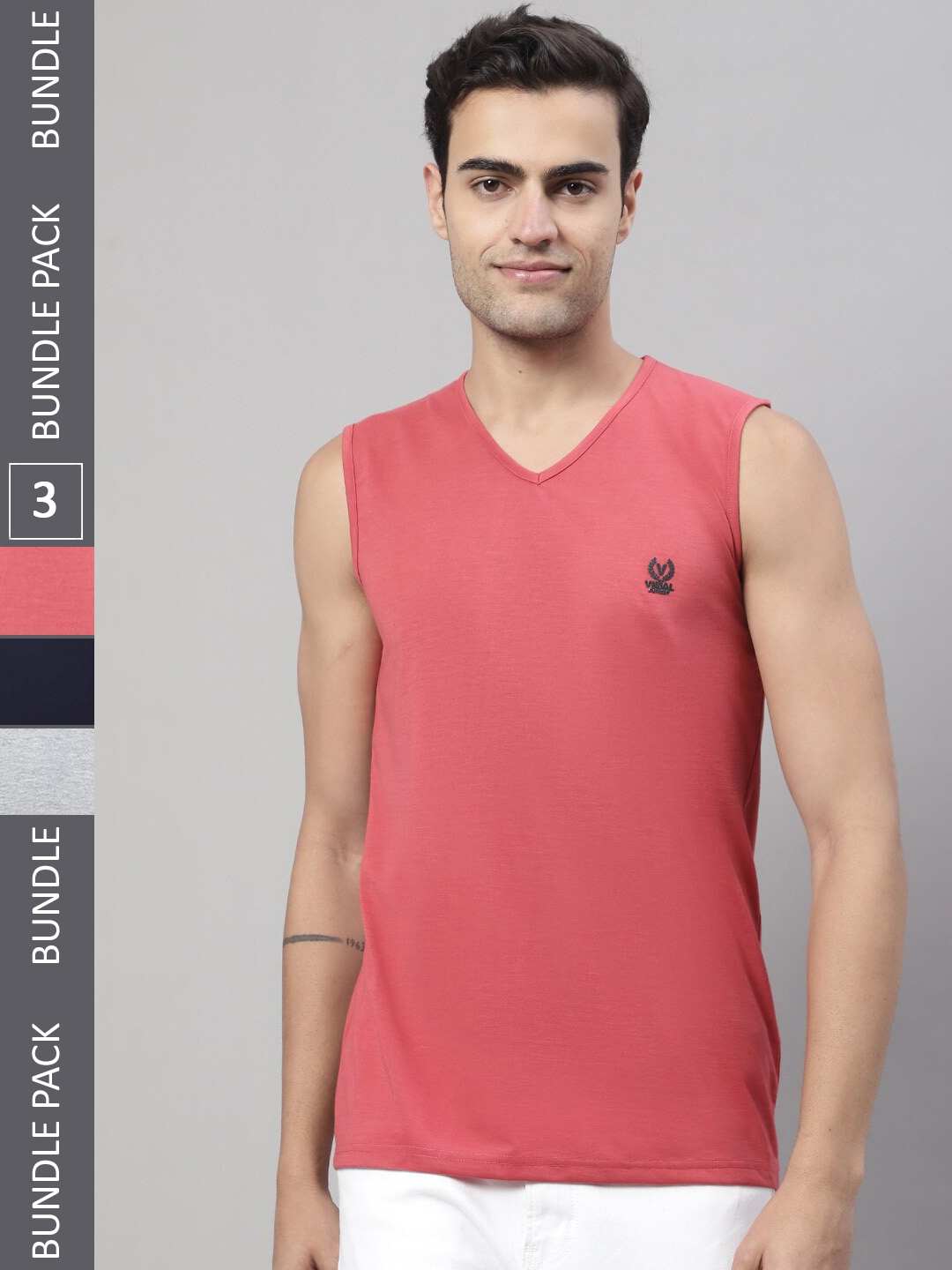 

VIMAL JONNEY Pack Of 3 V-Neck Cotton Gym Vests, Peach
