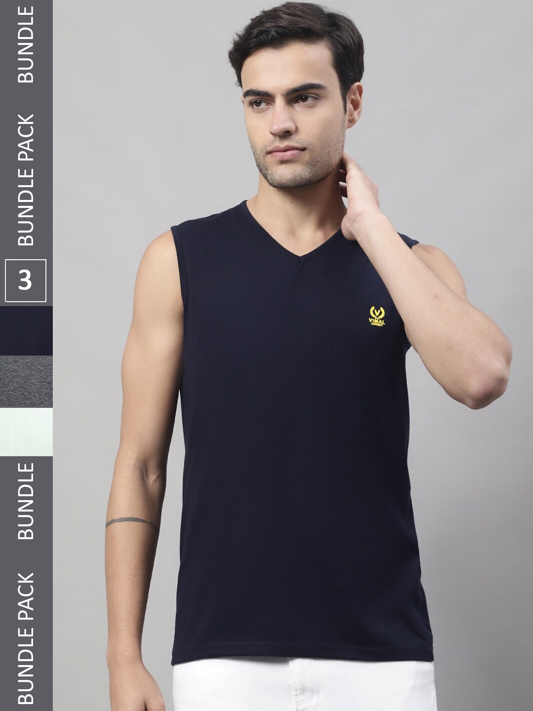 

VIMAL JONNEY Pack Of 3 V-Neck Cotton Gym Vests, Navy blue