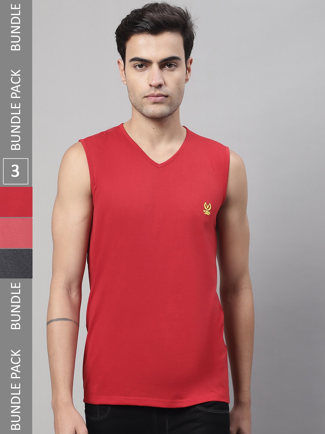 

VIMAL JONNEY Pack Of 3 V-Neck Cotton Gym Vests, Red
