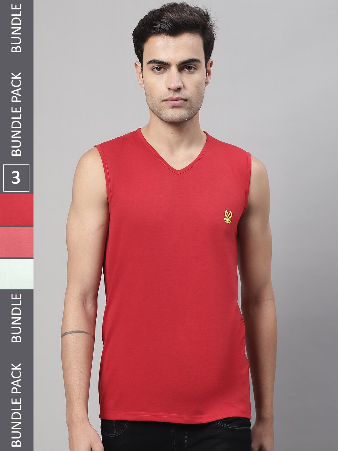 

VIMAL JONNEY Pack Of 3 V-Neck Cotton Gym Vests, Red
