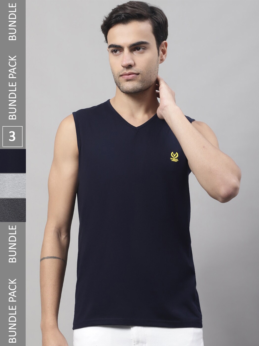 

VIMAL JONNEY Pack Of 3 V-Neck Cotton Gym Vests, Navy blue