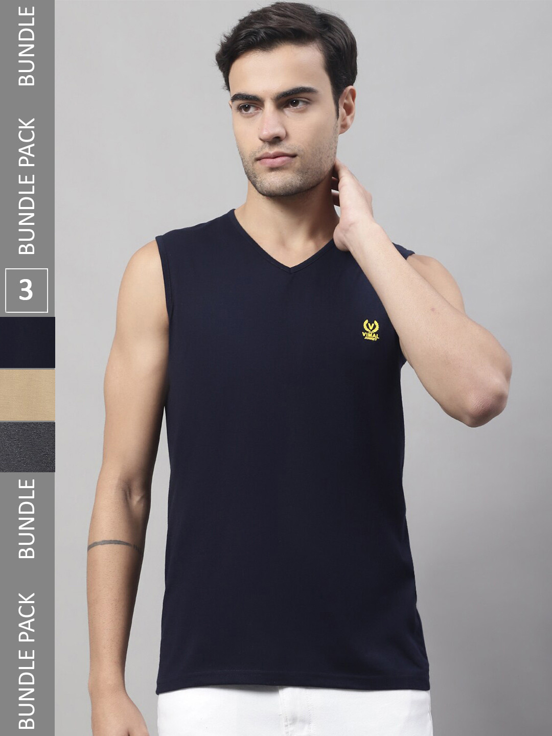 

VIMAL JONNEY Pack Of 3 V-Neck Cotton Gym Vests, Navy blue